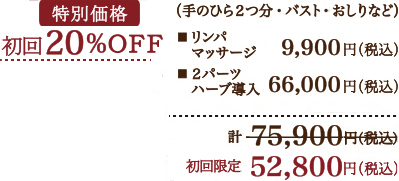リンパストレッチ 6,600円（税込）　グリーンピールボディ1day（2パーツ）　通常価格［150分］75,900円（税込）初回限定 52,800円（税込）